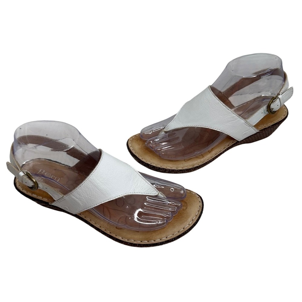 BORN White Leather Thong Wedge Sandals Women's 7 Adjustable Buckle Strap Boho